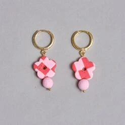 Pink & Red Checkered Flower Mini Hoops By Love Kiki